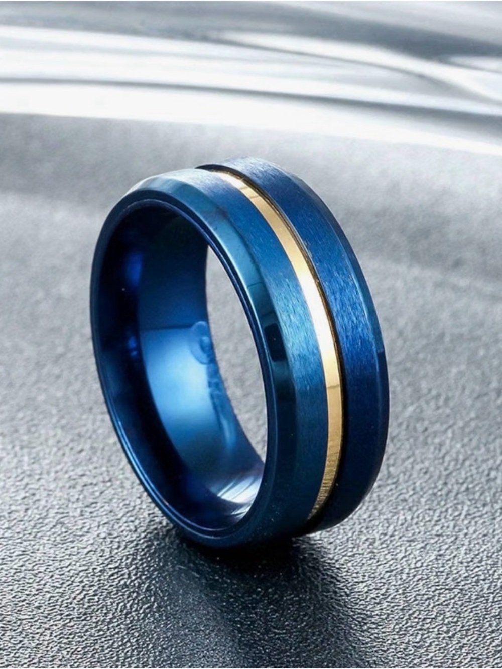 NWT-Tungsten Blue&Gold Wedding Band, Accent Channel Design, Beveled Edges